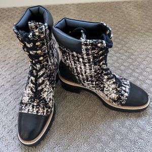 Tory Burch Black Multicolor Tweed Lace-Up Combat Boots